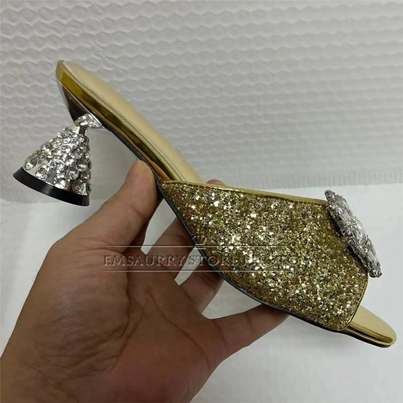 Bling Sequins Crystal Buckle Decor Sandals Women Unique Rhinestone Diamond Spike Heel Slingbacks Summer Shoes