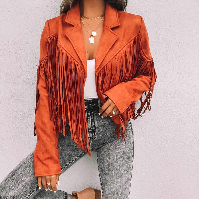 Women leather jacket Flip collar jacket Fringed Hem Y2k Vintage Streetwear Coat Cardigan Crop Tops 2024 Spring/Autumn