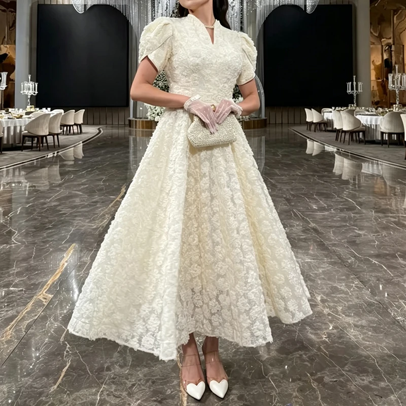 Fashion Lace Jacquard Long Dresses Sexy V-neck High Waist Solid Cocktail Dress Women Casual Short Sleeved Big Swing Party Dress