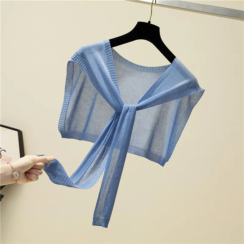 Korean Solid Ice Silk Knit Fake Collar Knotted Cape Sunscreen Shawl  Female Summer Air Conditioning Transparent Neck Guard Scarf