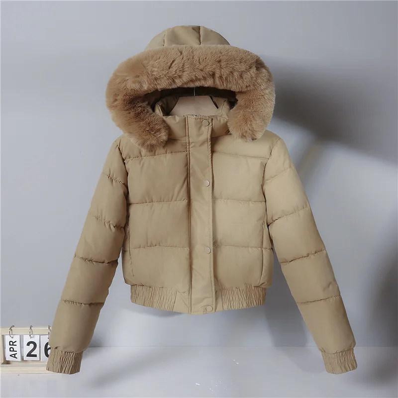 New Autumn Winter Warm Down Cotton Jacket Women Thickened Fleece Lining Fur Collar Long Sleeve Parkas