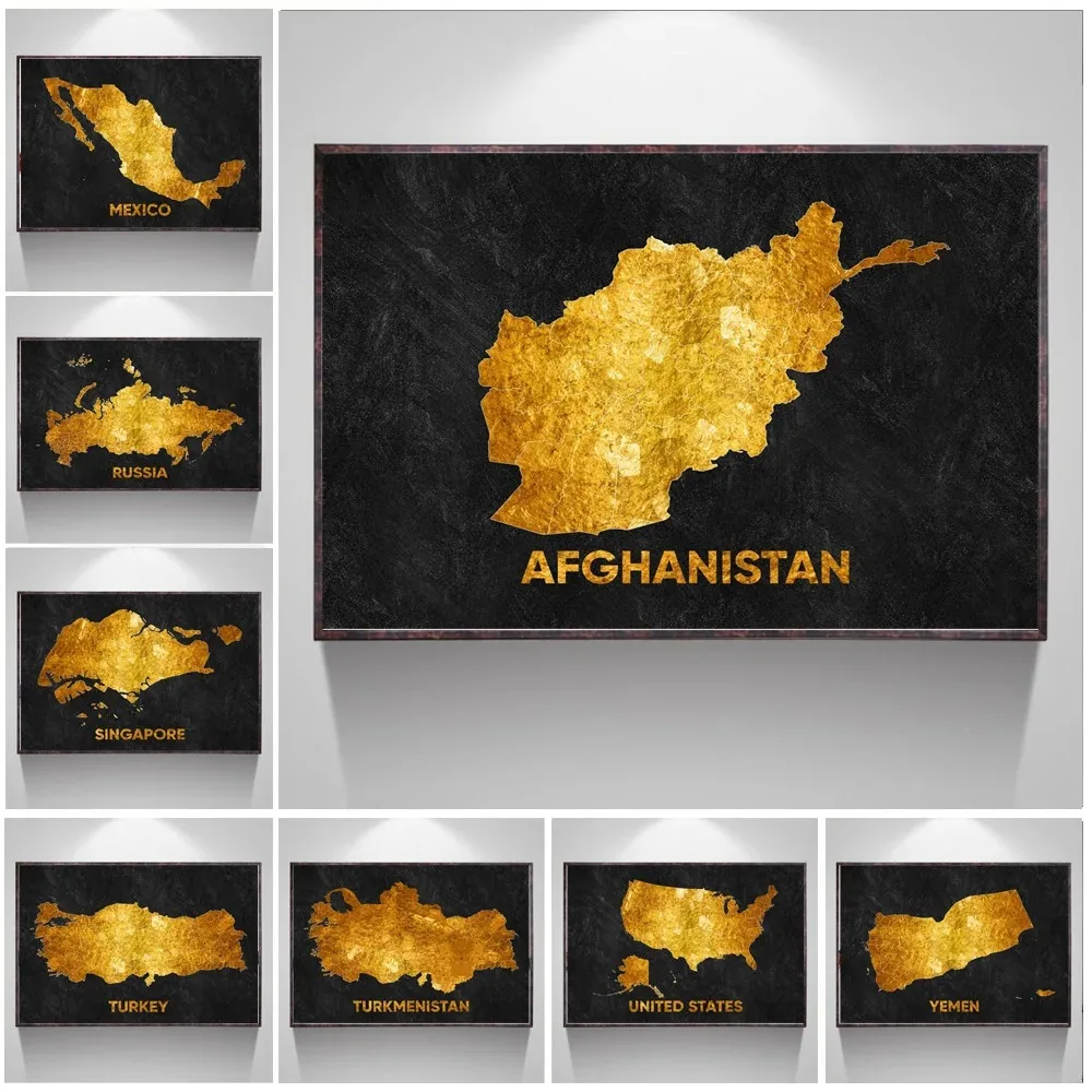 Travel Afghanistan Golden Map National City Flag Poster Prints Wall Art Canvas Painting Picture Photo Gift For Room Home Decor