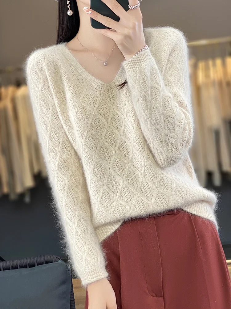 100% Mink Cashmere Sweater Women's V-Neck Pullover Spring Autumn New Knitted Top Long Sleeve Jumper Loose Hollow Korean Clothing