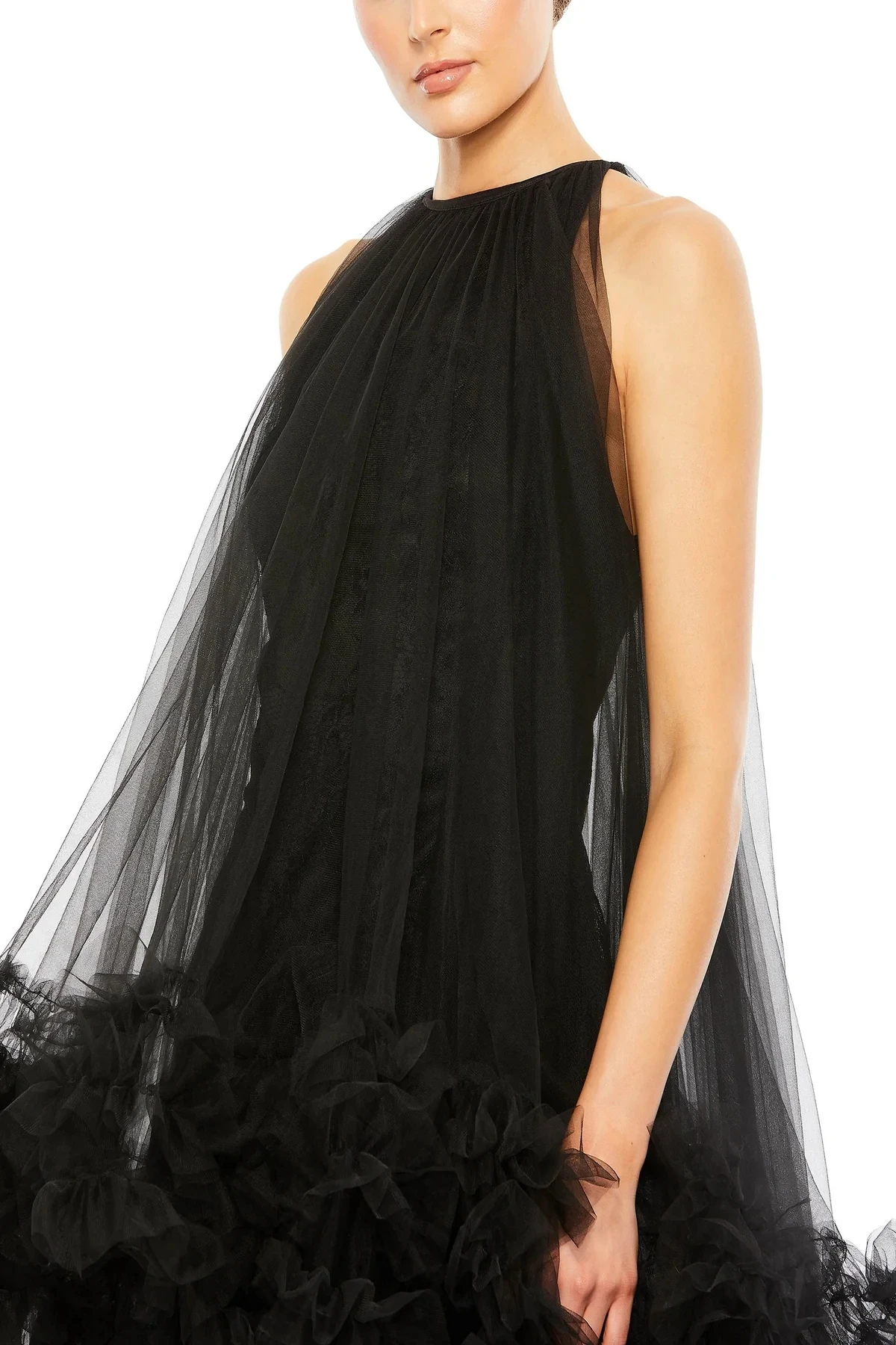 Black High Low Tulle Women Maxi Dresses Ruffles Ruched Bottom Semi See Thru Long Women Dress To Party Free Size Tutu Robe