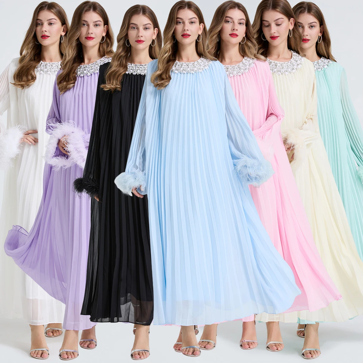 

Элегантное платье SuperAen Diamonds с круглым вырезом, плиссированное, А-силуэта, с пэчворком, перьями, длинными рукавами и поясом, свободного кроя на талии