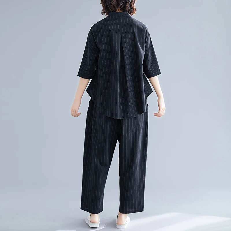 플러스 사이즈 여성용 코튼 린넨 스트라이프 또는 루즈핏 투피스 세트 여름 신상품 슬리밍 효과 트렌디 슬레