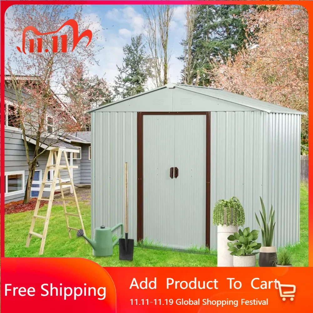 

8 X 4 FT Outdoor Storage Shed with Floor Frame, Lockable Sliding Doors & Air Vents, Metal Waterproof Garden Shed