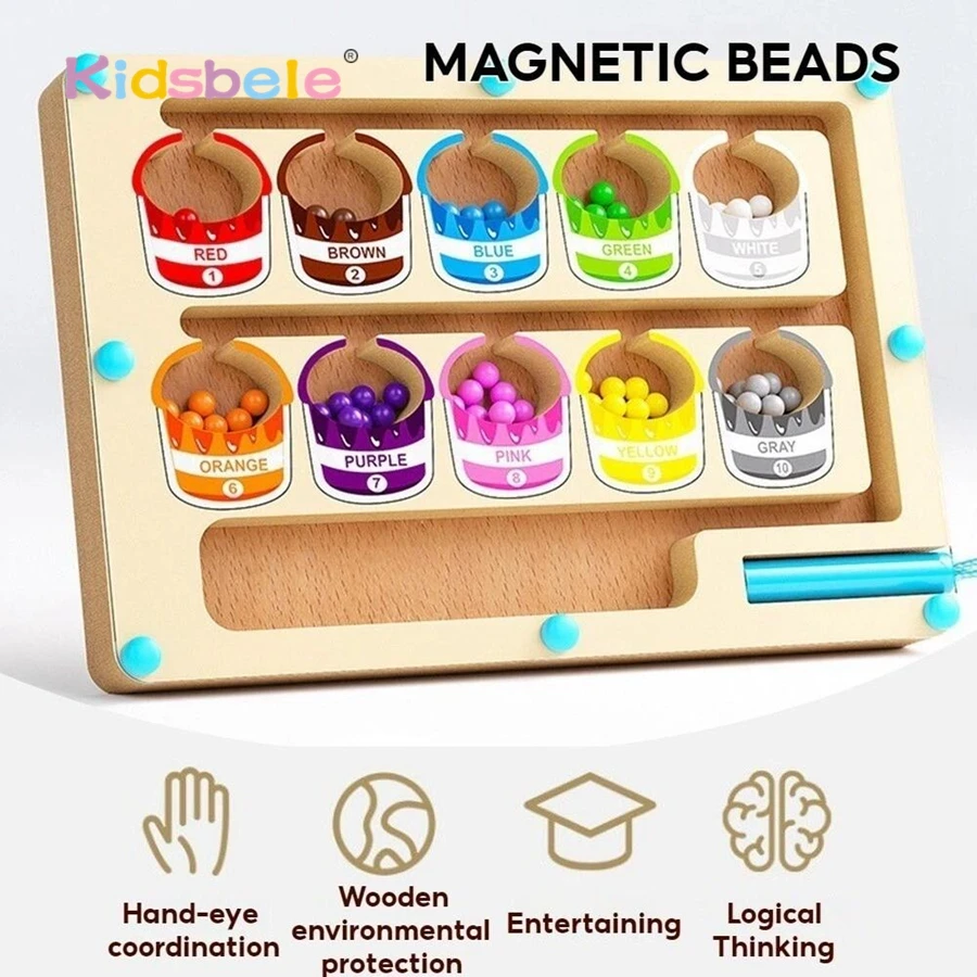 Brinquedo de classificação de cores montessori de madeira – Placa de aprendizagem de labirinto de contas magnéticas para educação infantil