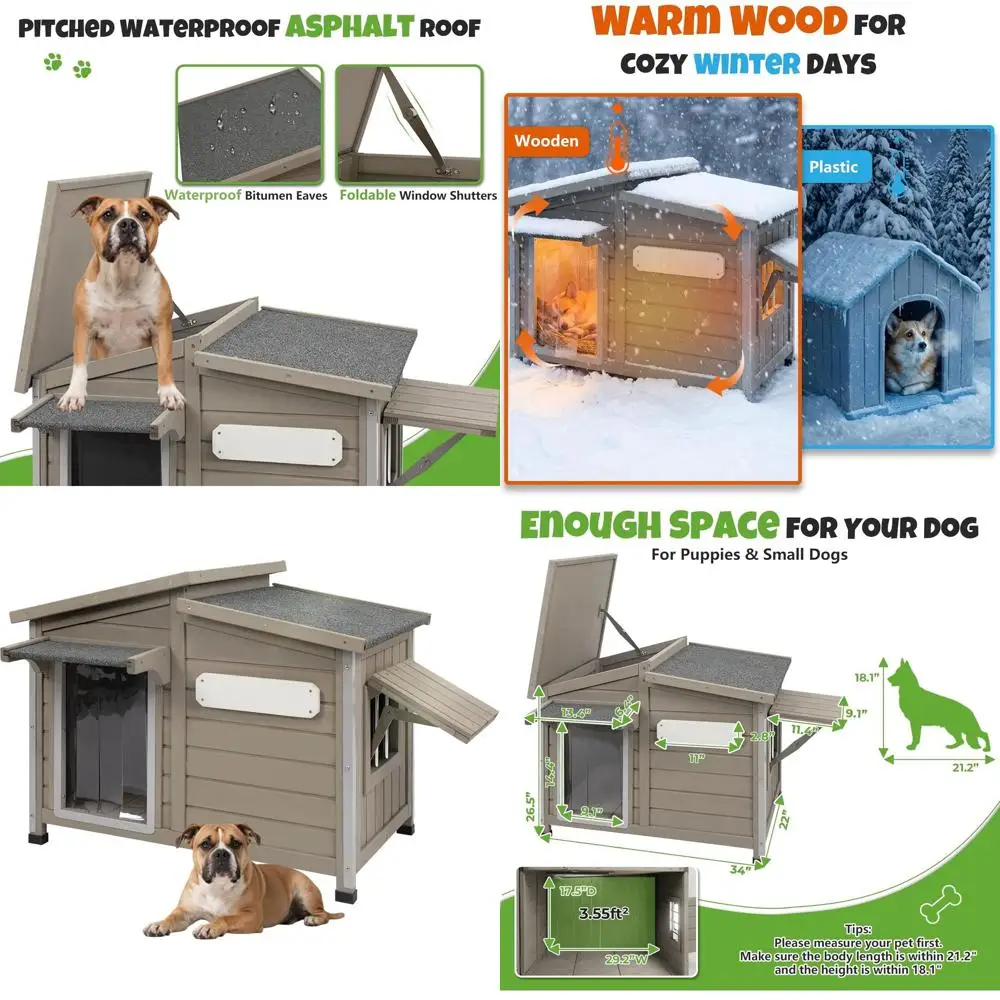 

Outdoor Wooden Dog House, Weatherproof with Adjustable Vent, Chew-Resistant, Removable Floor for Medium & Large Dogs (34 L x 22