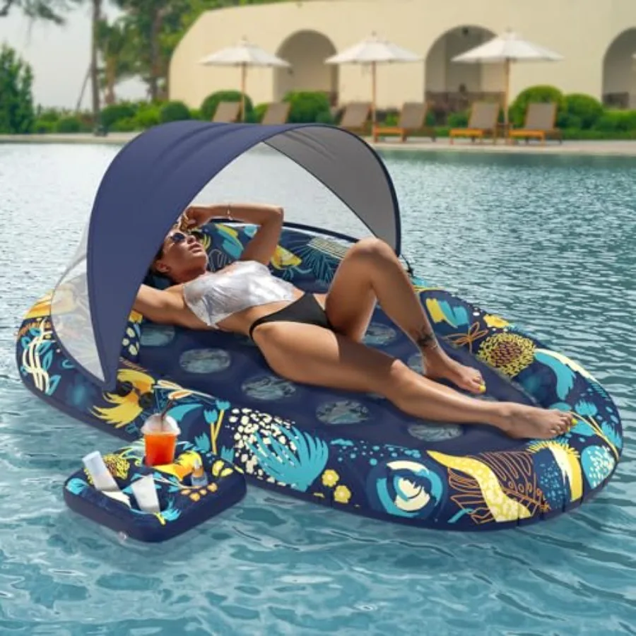 

3-in-1 Pool Floats with Canopy Cup Holder, Tanning Pool Large 73" x 48" Float Adult Heavy Duty, Inflatable Lounger Raft Floatin