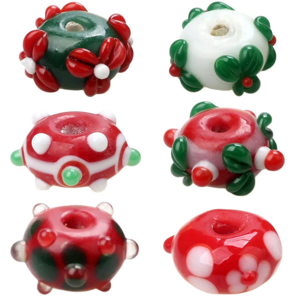 

4PCS 14MM Christmas Red Green Flower Handmade Lampwork Glass Beads For Bracelets/Earring/Necklace DIY Jewelry Making Accessories