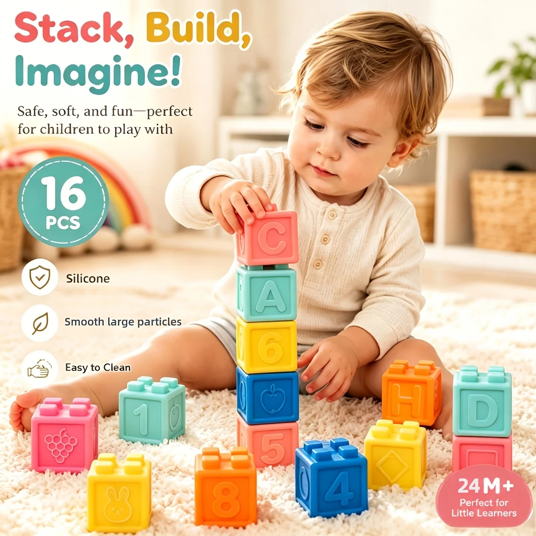 Baby Silicone Stacking Blocks: Colorful with Concave-Convex Textures, Printed Numbers, Letters, Animals & Geometric Patterns