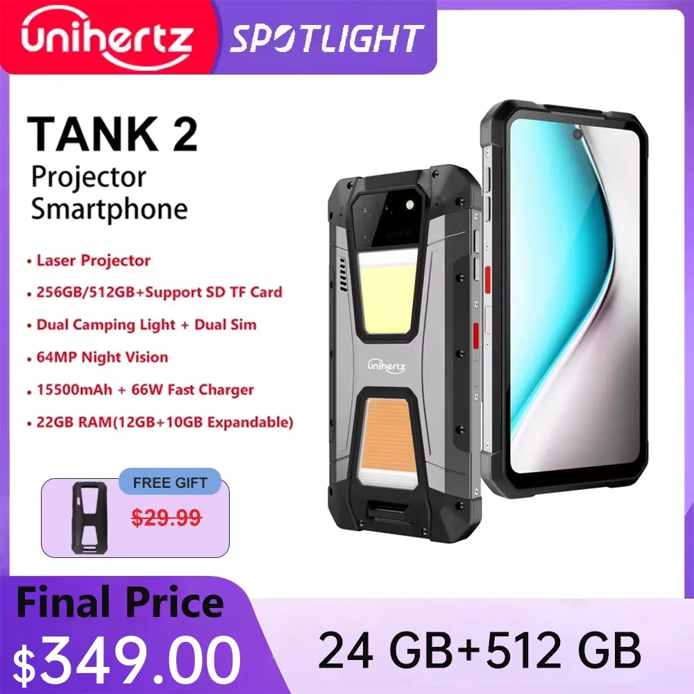 Unihertz 8849 Tank 2 Smartphone mit Projektorantrieb, 22 GB, 256 GB, Camping-Licht-Handys, 108 MP, G99, 64 MP Nachtsicht-Handys