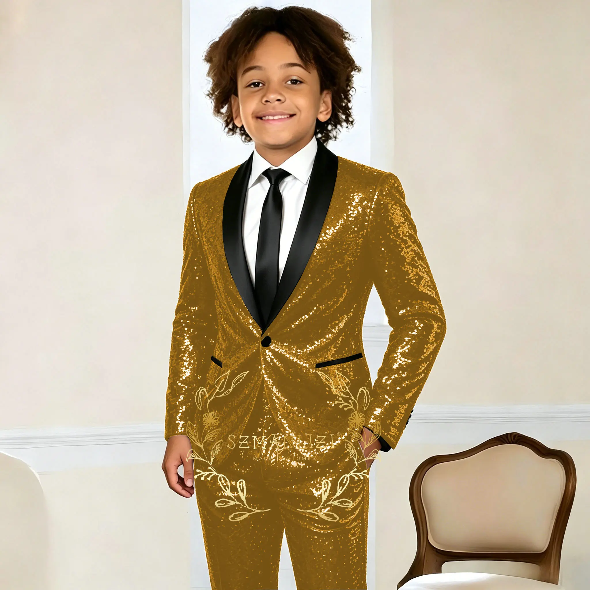 

Gold Sequin Boys Suits Formal 2 Pieces Wedding Child Jacket Pants Shawl Lapel Wedding Tuxedo Kids Fashion Party Formal Suit Set