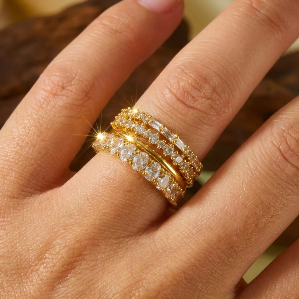 4-teiliges glänzendes Zirkonia-Stapelring-Set für Damen, exquisiter goldfarbener geometrischer CZ-Fingerring, Freundschaftsschmuck-Accessoires
