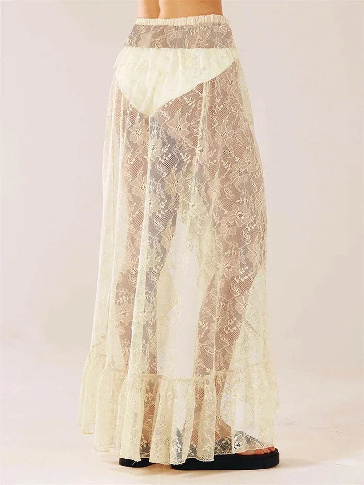 Women Sheer Lace Midi Skirts Elastic Waist Ruffle Frill Split Skirt See Through Summer Bohemian Retro Beach Sexy Streetwear