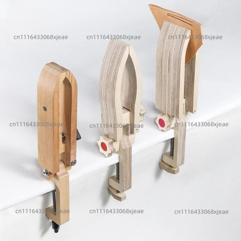 Desktop hand-sewn wooden clip, beech/birch board, handmade leather sewing tool