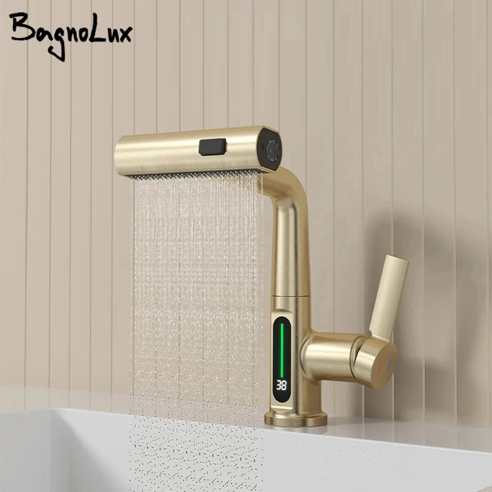 

Brushed Gold Basin Faucet lifting Pull Down Digital Display Tap Waterfall Water 3 Function Pull Out Sprayer Deck Mounted
