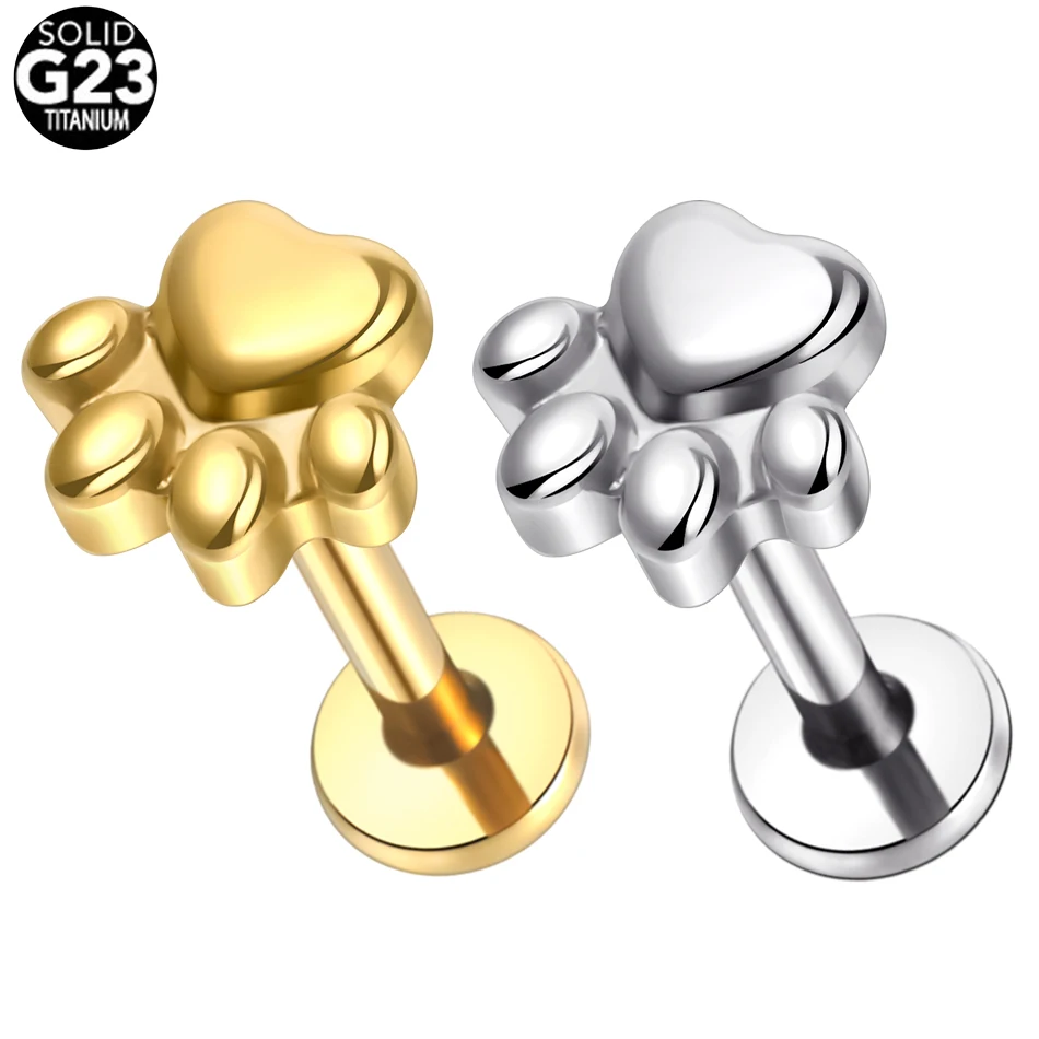 Boucles d'oreilles à tige en titane de qualité implantaire, empreinte de patte de chiot, labExamen à filetage interne, piercings 147 us, bijoux de corps, 1 pièce