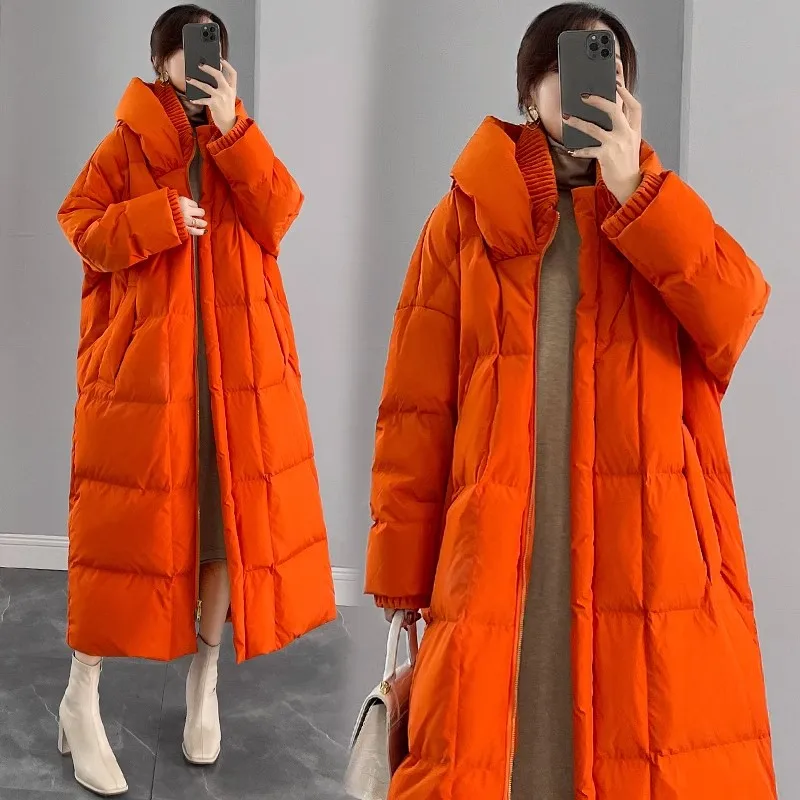 Orange Hooded Down Jacket Women\'s 2024 Winter New Loose Extra Long White duck down Coat Female Puffer Thicken Overcoat Parkas