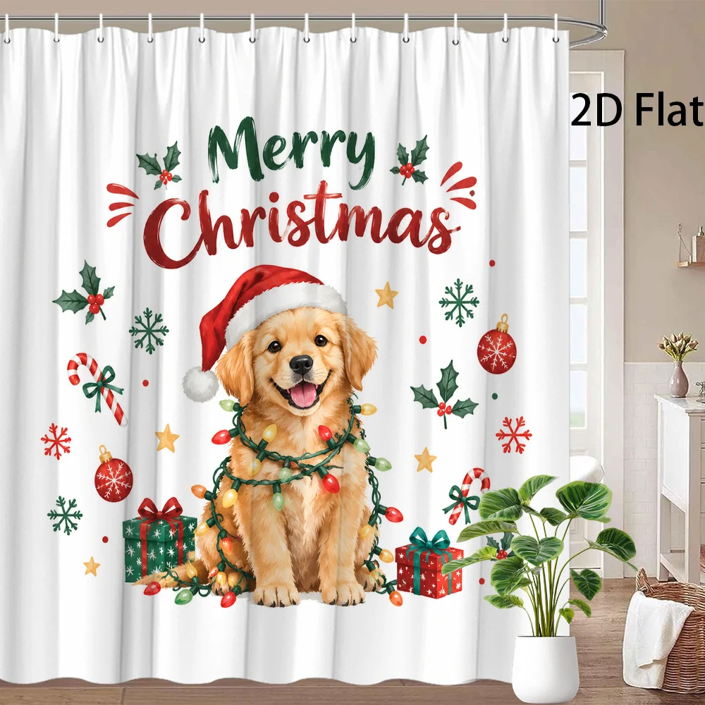 1pc 2D Flat Shower Curtain, Golden Retriever Puppy Santa Hat String Lights Holly Printed Shower Curtain, Decor for Bathroom