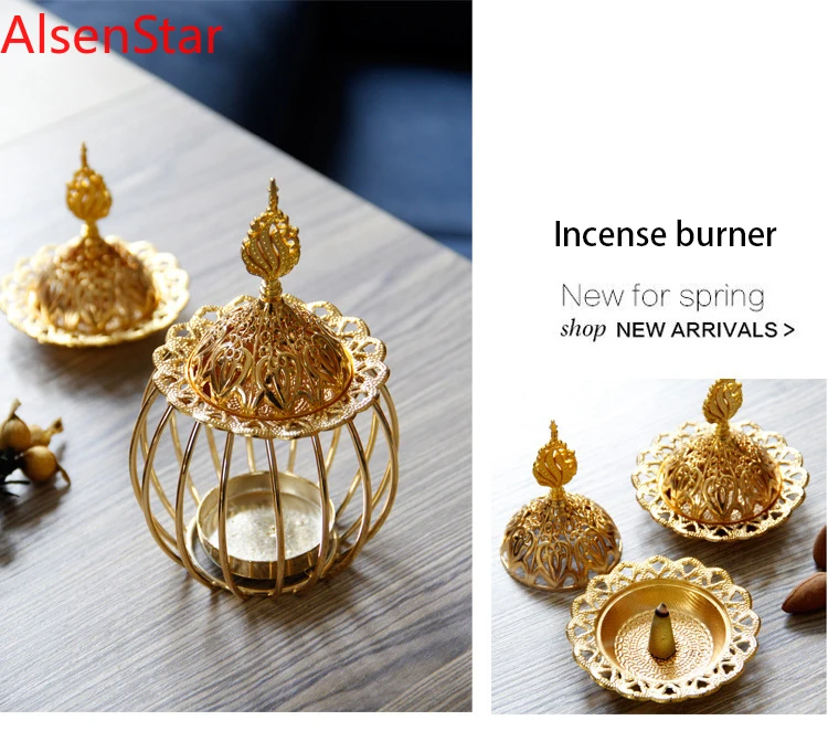 European Luxury Gold Metal Incense Burner and Candlestick, Wedding Party Candle Holder, Home Table Decoration, 2 in 1