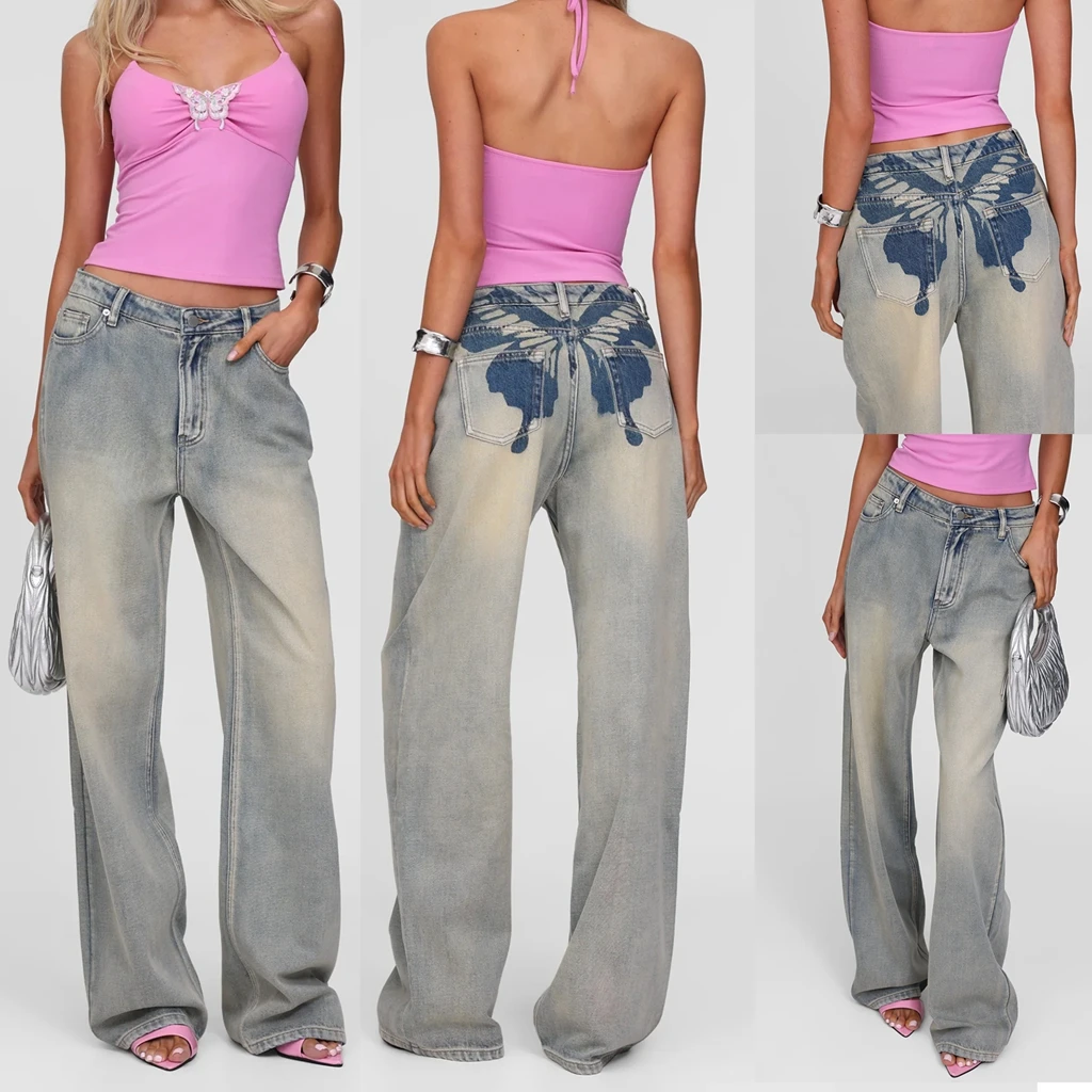 Y2K Streetwear papillon femmes imprimé jean mode décontracté basique Patchwork pantalon ample