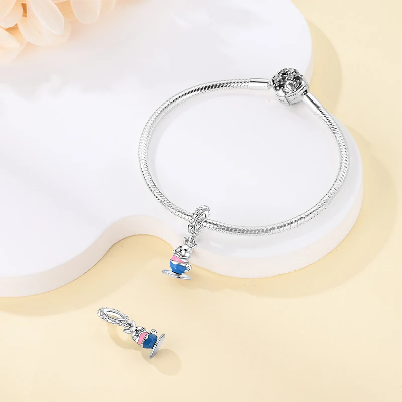 925 Sterling Silver Teacup Rabbit Charms Beads Zircon Dangle Fit 3mm Original Bracelet DIY Women Party Jewelry Gifts