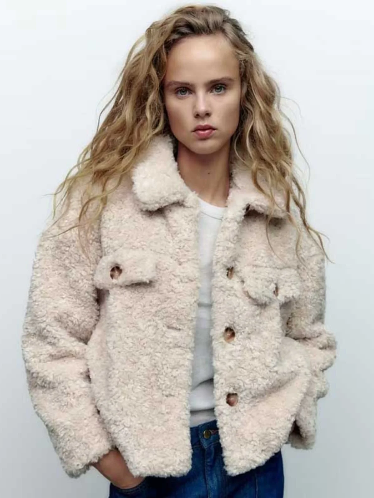 

Autumn Winter Women's Long Sve Fce Lined Coat Collar Single Button Lamb Fur Jaet Regular Fit Straight Hemline