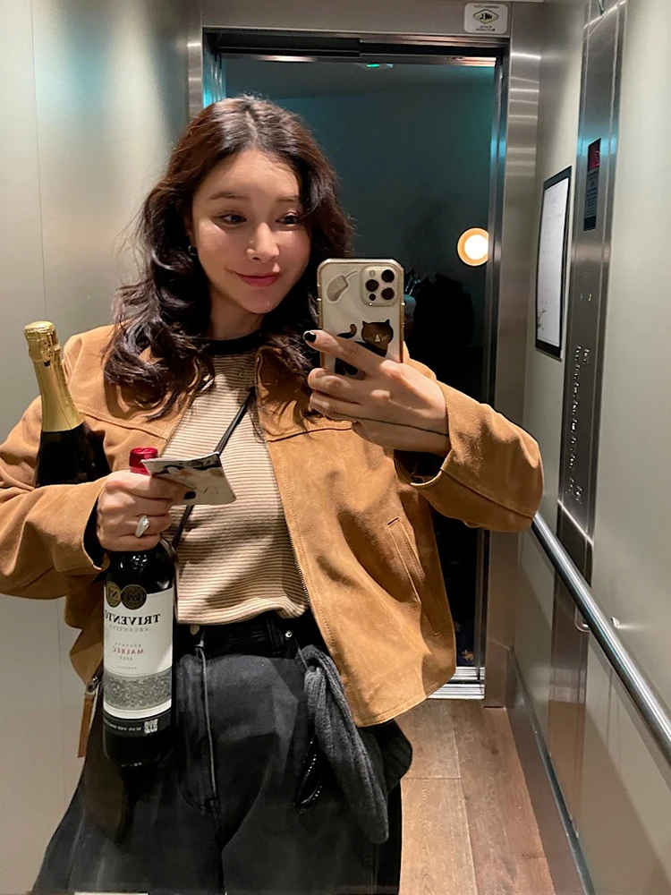 

Suede Jacket Women Loose Fit Long Sleeve Lapel Collar Zipper Closure Solid Color Korean Streetwear Versatile Winter Jacket