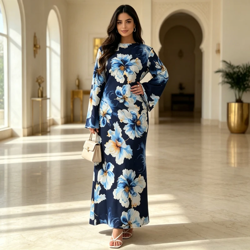 Bild 5: Eid Damenkleid Ramadan Abaya Blumendruck Party Vestidos Largos Muslim 2026 Jalabiya Marokko Kaftan Dubai Islam Arabisches Langes Gewand