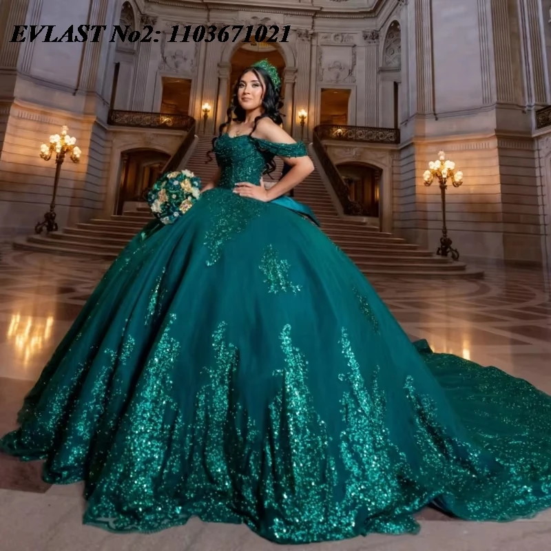 

EVLAST Customized Sparkly Emerald Green Quinceanera Dress Ball Gown Sequins Applique Beading Sweet 16 Vestidos De 15 Anos E2QA09