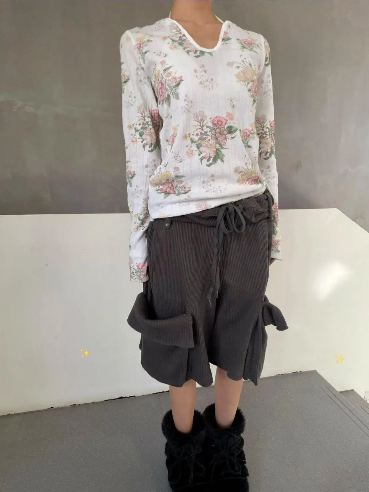 YB Developed Early Spring 2026 Floral Hook Print Henry Collar Thin Long Sleeve T-Shirt Women's Commute Style Korean Version S...