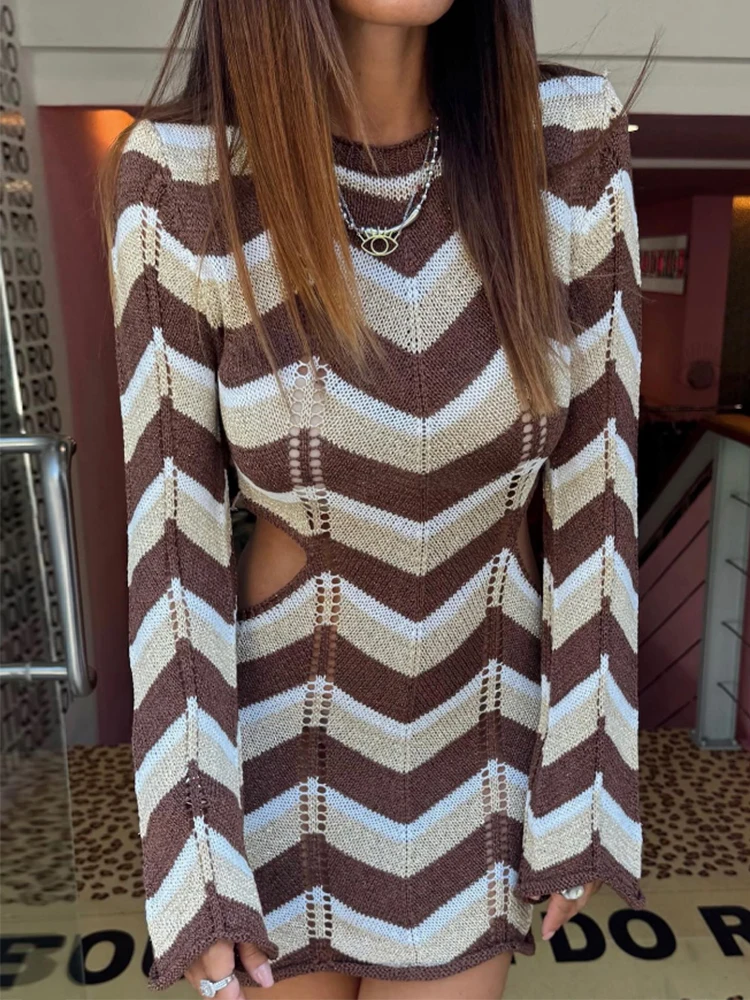 

Sexy Knit Striped Long Sleeve Waist Cut Out Beach Mini Dress 2026 Women's Fall Clothes Holiday Swimsuit Cover Up Chic Tunic K287
