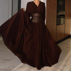 Women Fashion Hight Waist Slim Long Dress Casual Puff Long Sleeve Solid Party Dress Elegant Deep V-neck Split Pleated Robe Dress