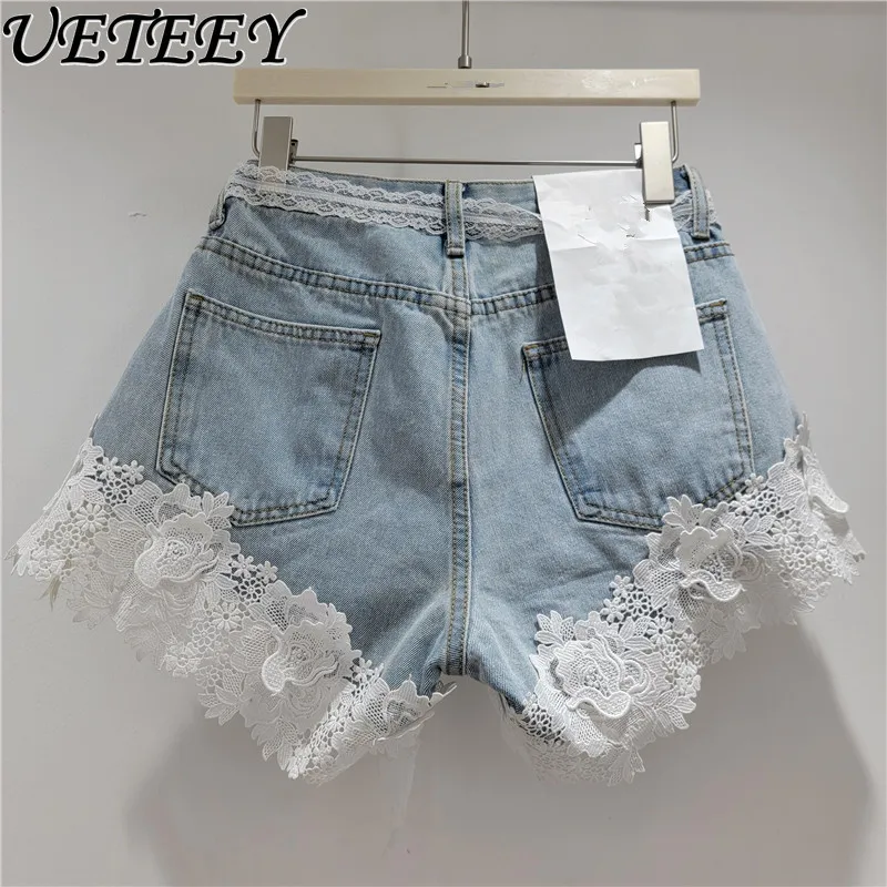 Lace Splicing Denim Shorts Women's 2025 Summer New Chic Design High Waist Short Jeans Sweet Spice Girl A-line Hot Pants