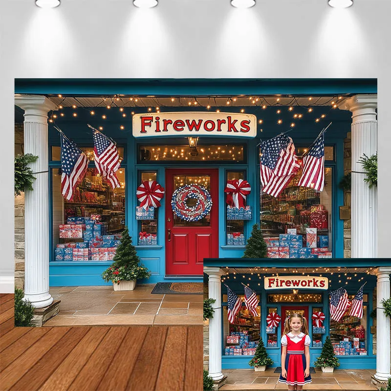

LS Independence Day Photography Background flag Blue House Columns Red Door Decor Adult Kids Portrait Photo Backdrop Studio