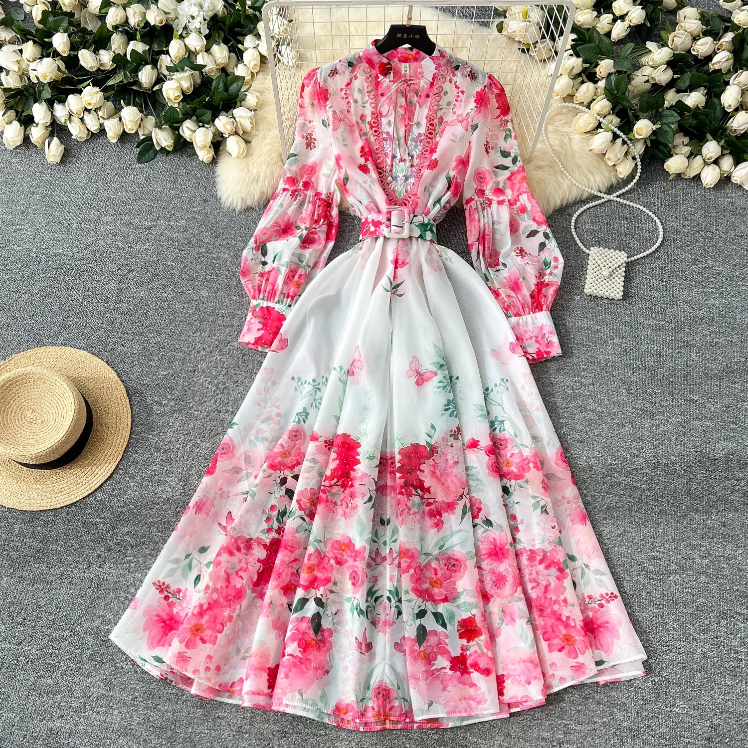 Elegant Fashion Print Sashes Vintage V-neck Chic Lantern Sleeves Slim Long Dresses Evening High Street Autumn Winter Clothing