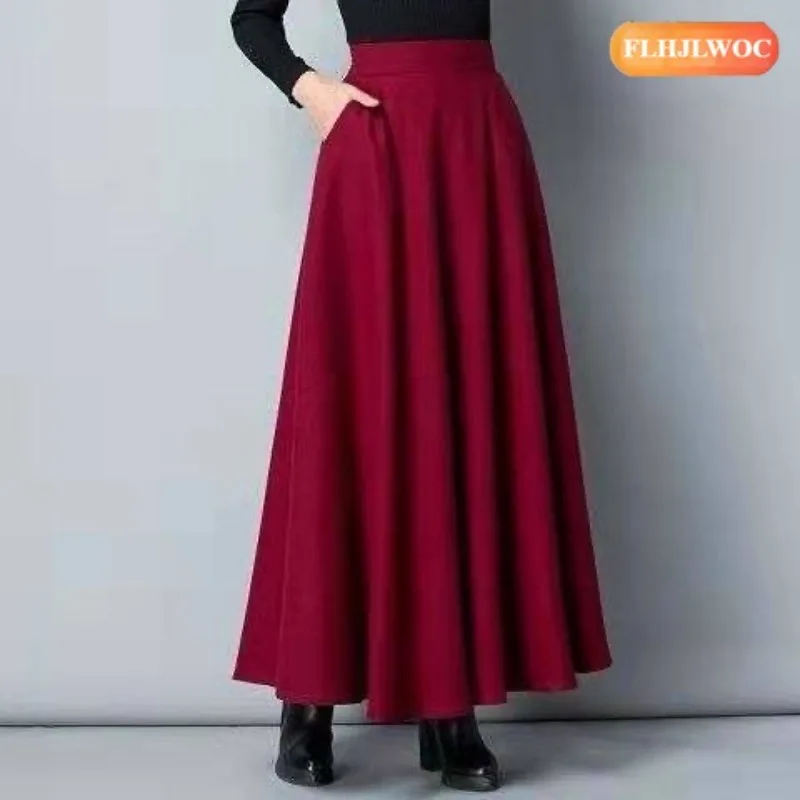 Woolen Skirts 3 Colors Winter Spring New Year Fashion Woman Elegant Office Lady Work Solid Red Black Retro Long Maxi Skirt
