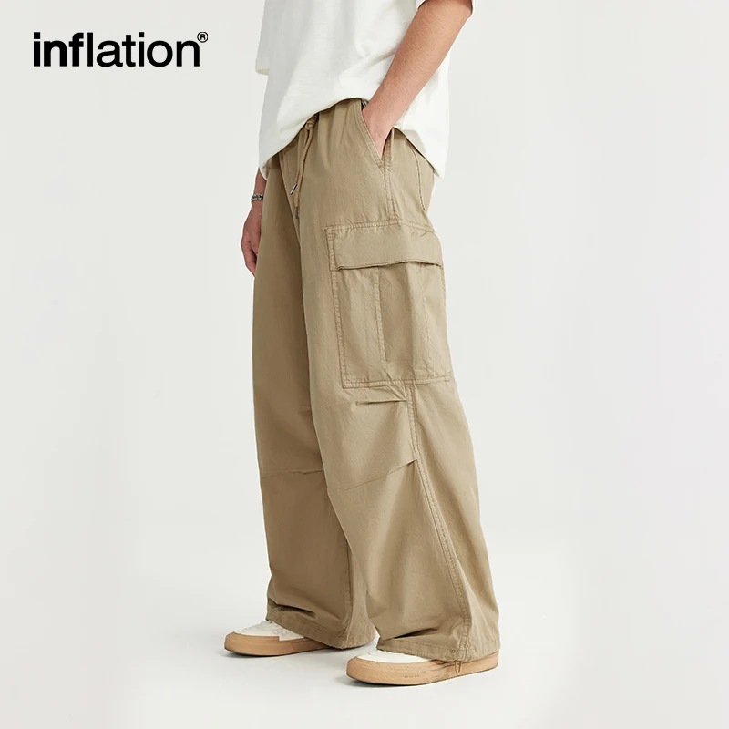 INFLATION Minimalism Washed Wide Leg Cargo Pants for Men 2024 Trendy Multi Pockets Casual Trousers