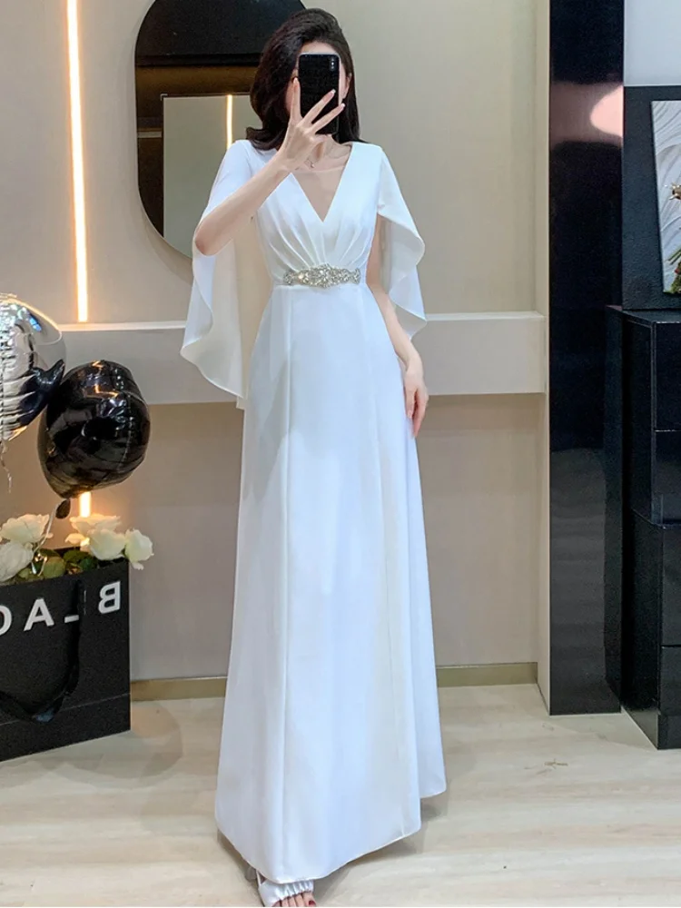 Solidne wyszczuplające temperament eleganckie sukienki dla kobiet wokół szyi biała luksusowa długa sukienka z koralikami kobieca elegancka odzież nowość