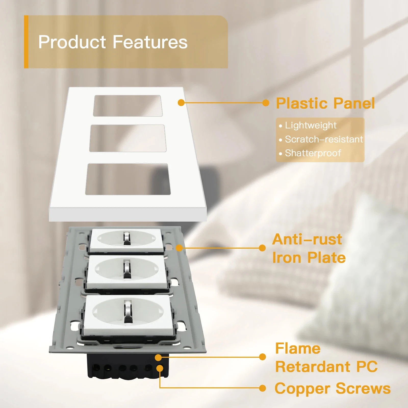 BSEED EU Wall Sockets Type-C USB Power Sockets Double Electric Sockets Triple Outlets Plastic Frame Germany Socket With Dual USB