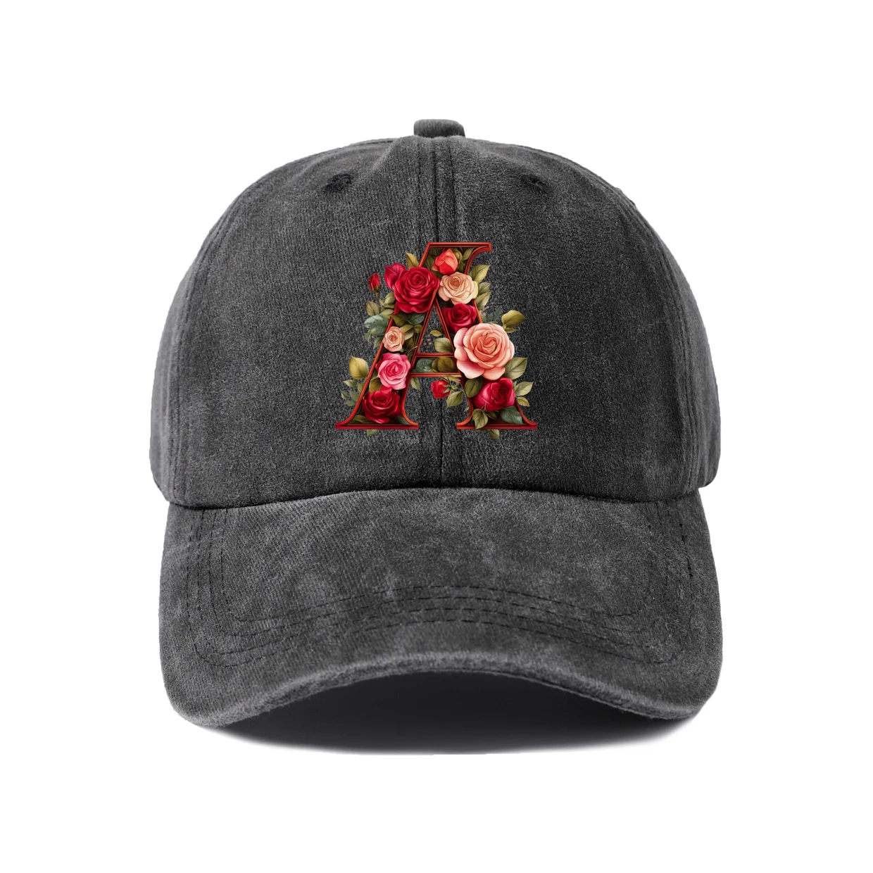 Floral Letter A Monogram Graphic Vintage Washed Baseball Cap, Adjustable Unisex Dad Hat for Men and Women