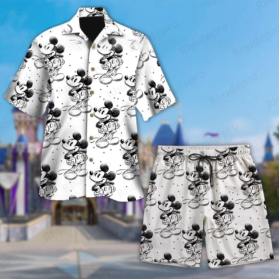 

Disney Ickey Friends Cruise Hawaiian Shirt Shorts Suit Casual Beach Vacation Short Sleeve Set Beach Shorts Retro Button Shirt