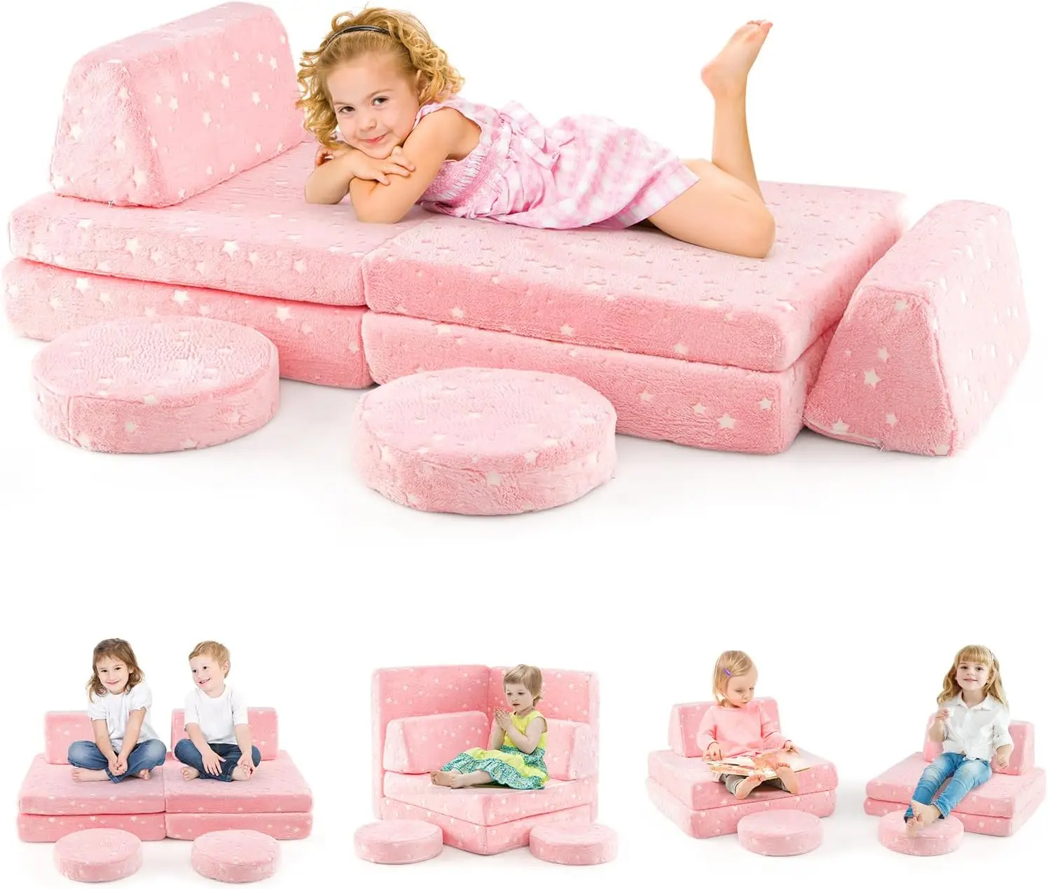 

Glow-in-the-Dark Convertible Toddler Couch Set, Folding Sofa with Foam Blocks for Playroom and Bedroom, Gift for Boys and Girls
