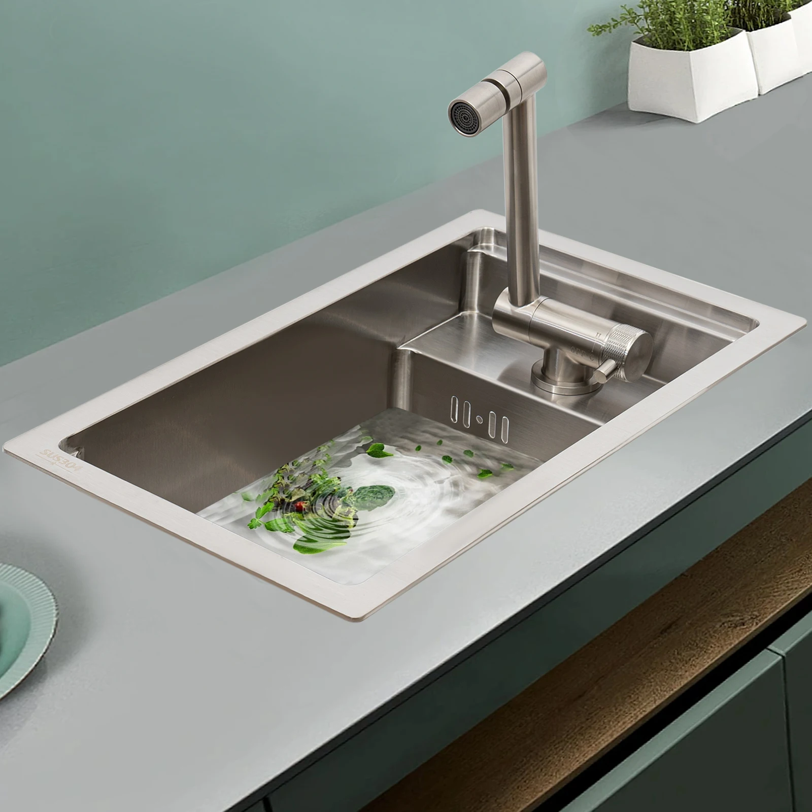 Multifunctional Stainless Steel Drop-In Sink with Cold and Hot Faucet and Cover Drain Strainer for Kitchen Wet Bar Bathroom