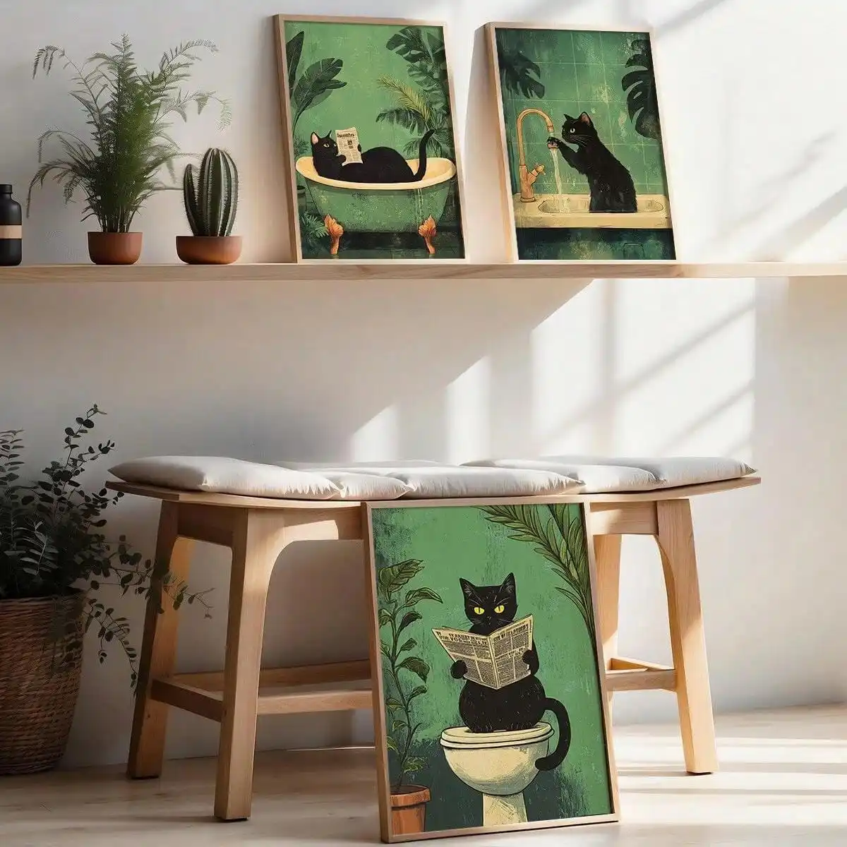 Whimsical Black Cat Reading Newspaper Poster Print Bathroom Vintage Green Maximalist Decor Funny Toilet Canvas Painting Wall Art