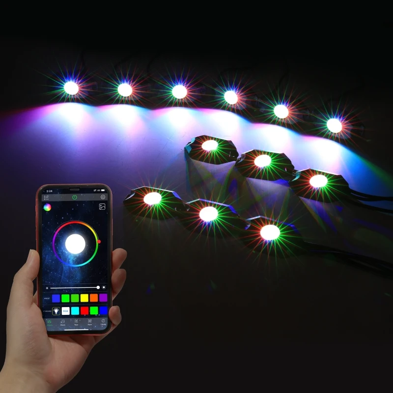 12 x LED Rock Lights with Wire Connector LED Rock Lights APP Remote Control Neon Underglow Lighting Kit for Jeep Off Road SUV