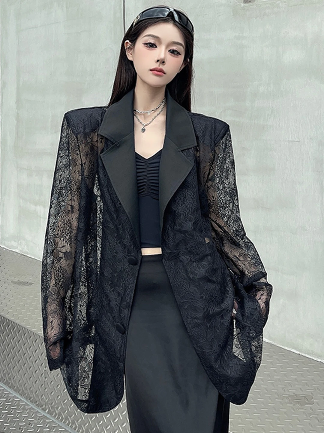 Black Lace Embroidery See-through Hollow out Sexy Suit Jacket Women's Summer Thin Sun Protection Western Style Fashionable