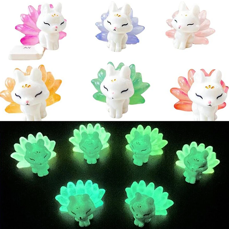 1PC Cute Mini Luminous Resin Nine Tailed Fox Ornament Glow In The Dark Miniature Figures Fox Micro Landscape Dollhouse Decor